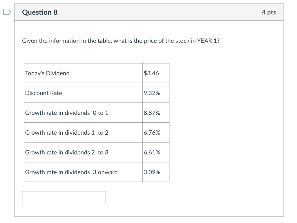  Question 8 4 pts Given the information in the table, what