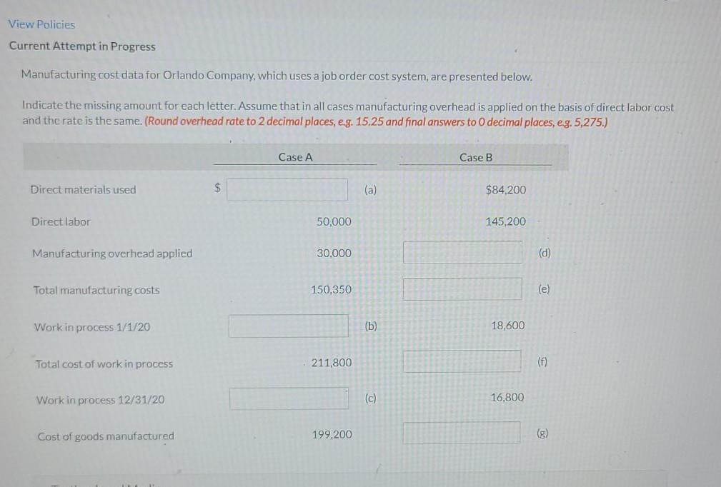  View Policies Current Attempt in Progress Manufacturing cost data for Orlando