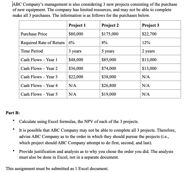  |ABC Company's management is also considering 3 new projects consisting of
