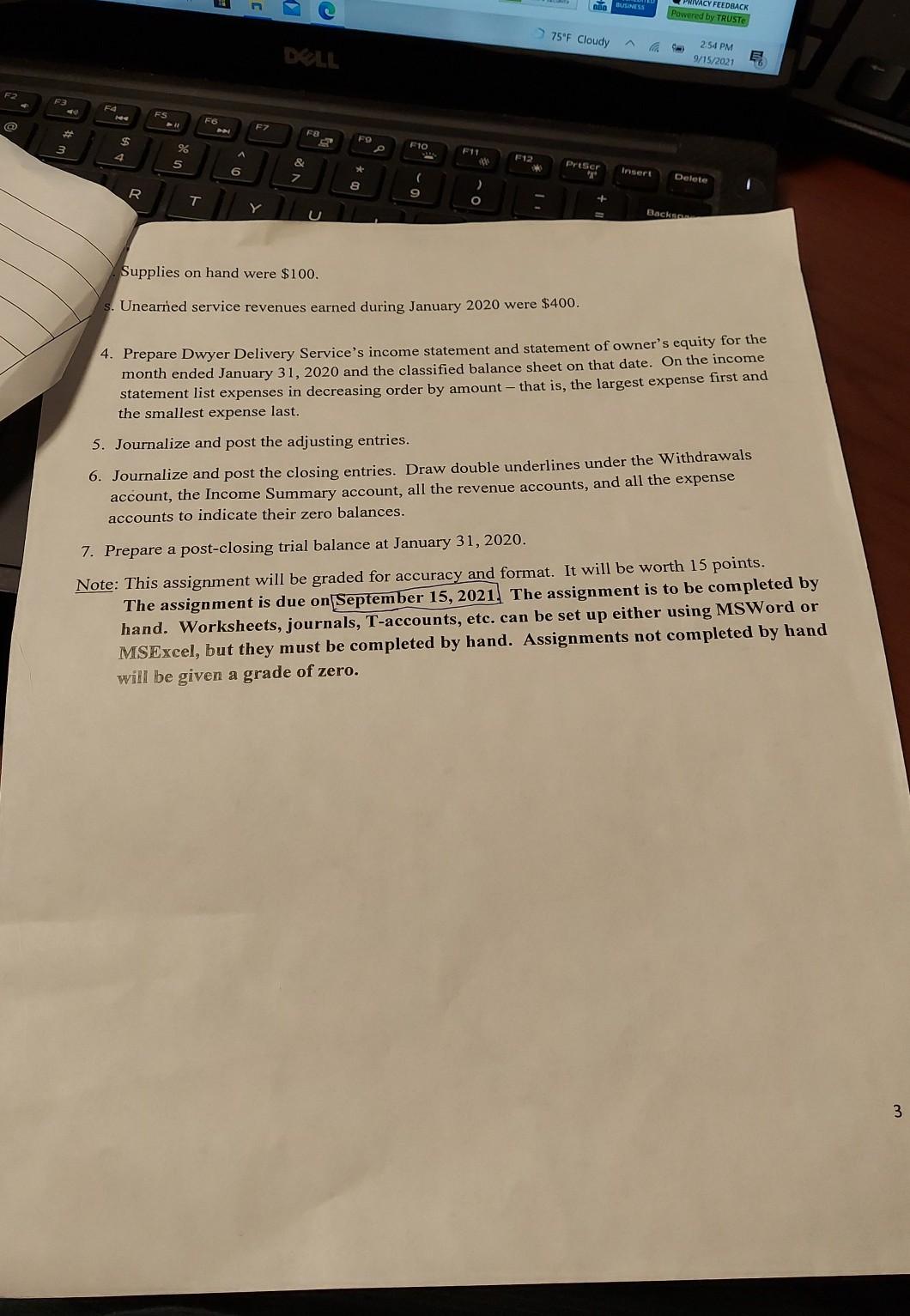 Cycle Assignment Dwyer Delivery Service completed the following transactions during its first