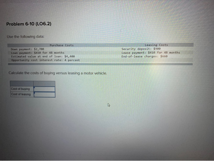  Problem 6-10 (LO6.2) Use the following data: Purchase Costs Down payment: