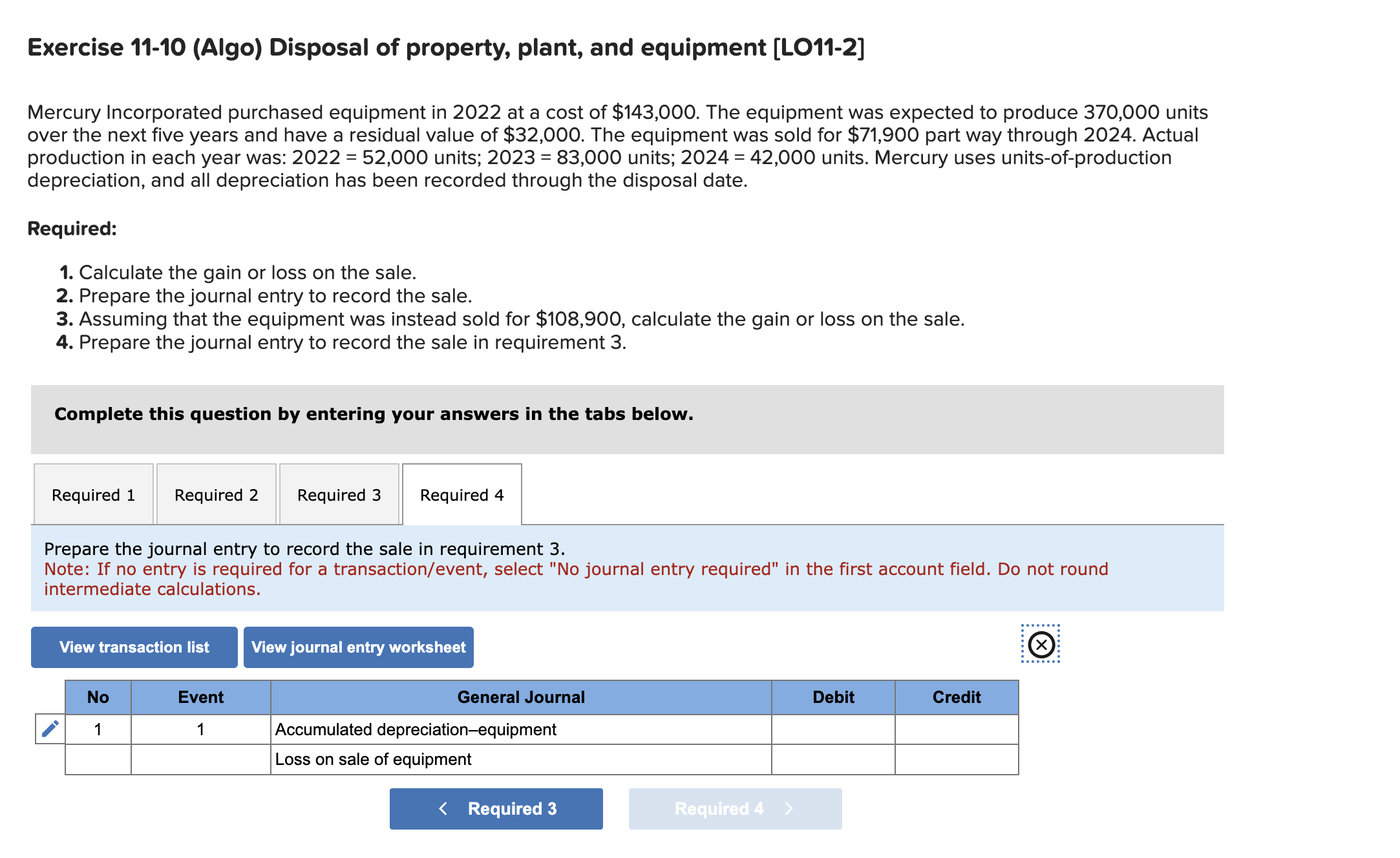  Exercise 11-10(Algo) Disposal of property, plant, and equipment [L011-2] Mercury Incorporated