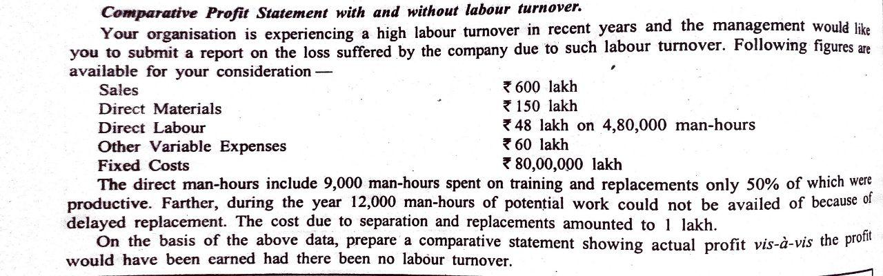  Comparative Profit Statement with and without labour turnover. Your organisation is