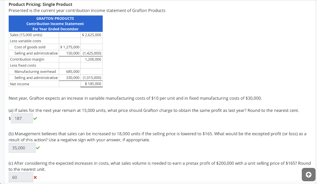  Product Pricing: Single Product Presented is the current year contribution income