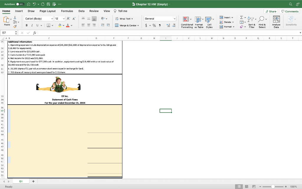 Cash Flows. AutoSave OFS AF... Chapter 12 HW (Empty) Home Insert Draw