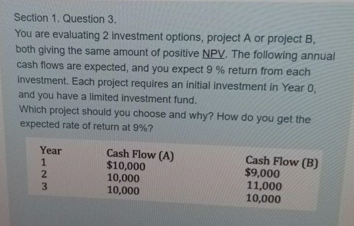 Section 1. Question 3. You are evaluating 2 investment options, project