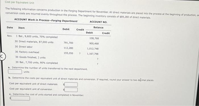 pls help Cost per Equivalent Unit The following information concerns production in