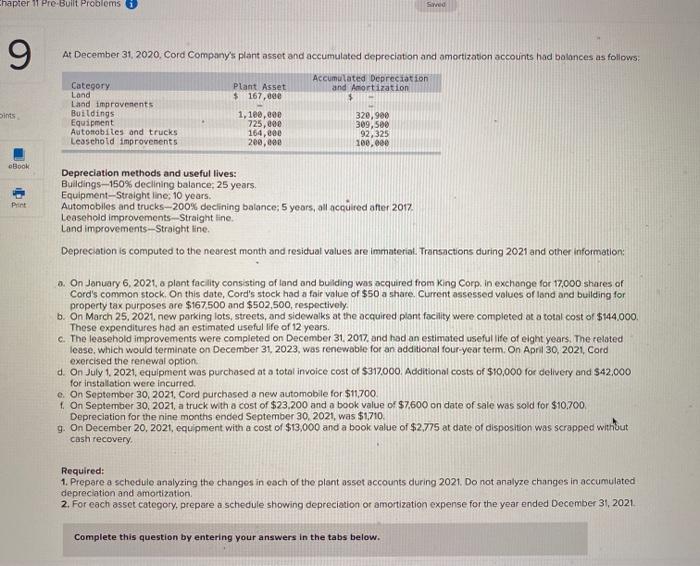  hapter 11 Pre-Built Problems Sved 9 At December 31, 2020, Cord