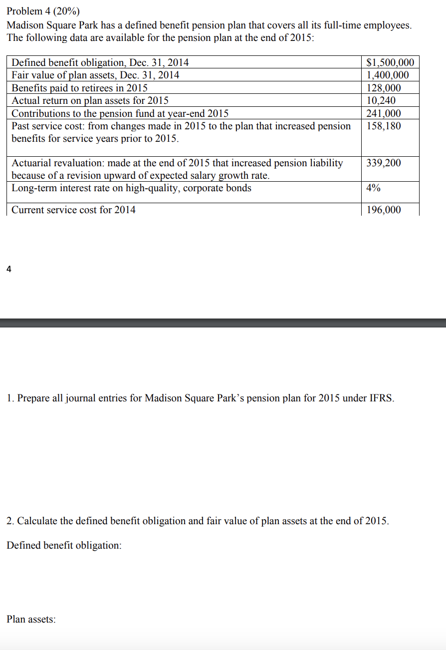 Problem 4 (20%) Madison Square Park has a defined benefit pension