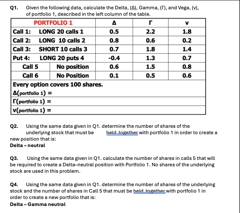  Q1. Given the following data, calculate the Delta, (), Gamma, (),