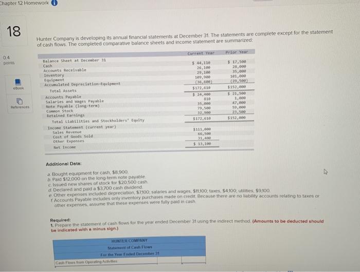  Chapter 12 Homework 18 Hunter Company is developing its annual financial