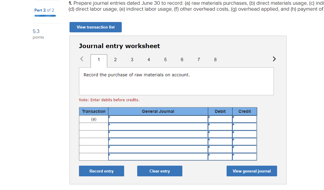 purchases, (b) direct materials usage, (c) indirect materials usage, (d) direct labor