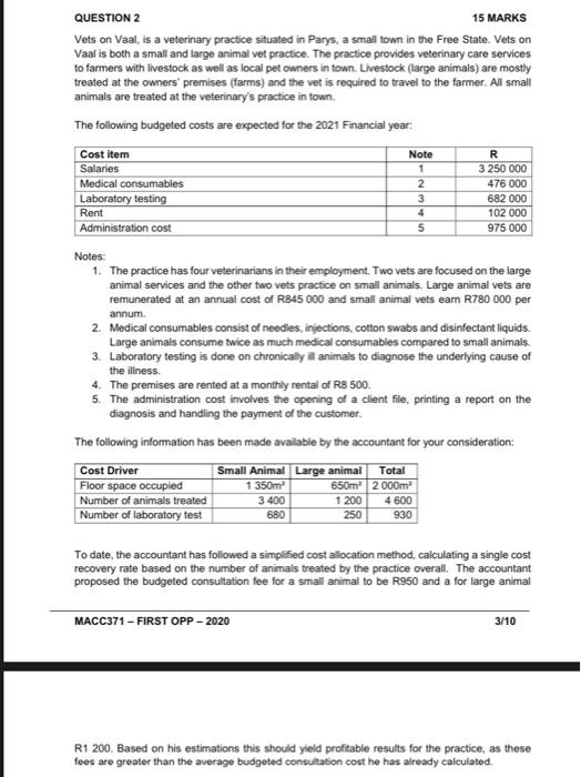  Note 1 2 3 4 5 QUESTION 2 15 MARKS Vets
