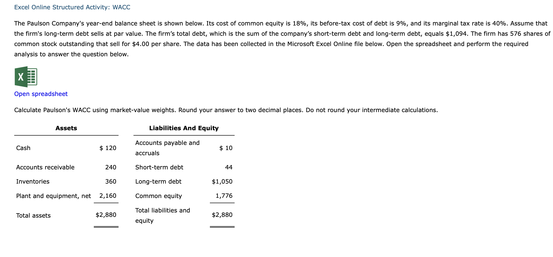  Excel Online Structured Activity: WACC analysis to answer the question below.