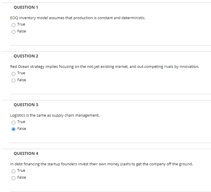 QUESTION 1 EOQ inventory model assumes that production is constant and