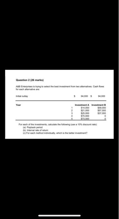  Question 2 (26 marks A&B Enterprises is trying to select the