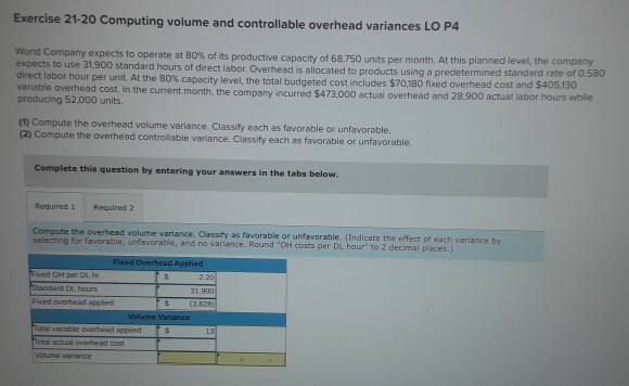 Exercise 21-20 Computing volume and controllable overhead variances LO P4 World