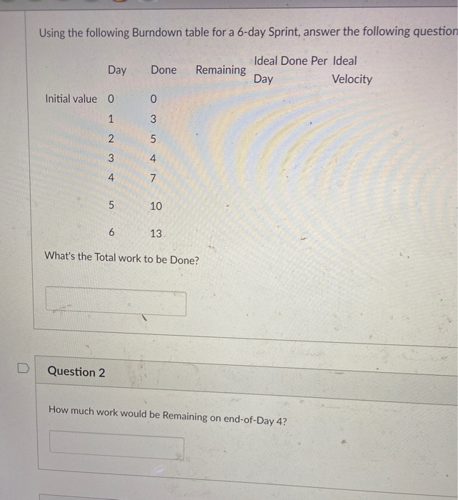  Using the following Burndown table for a 6-day Sprint, answer the