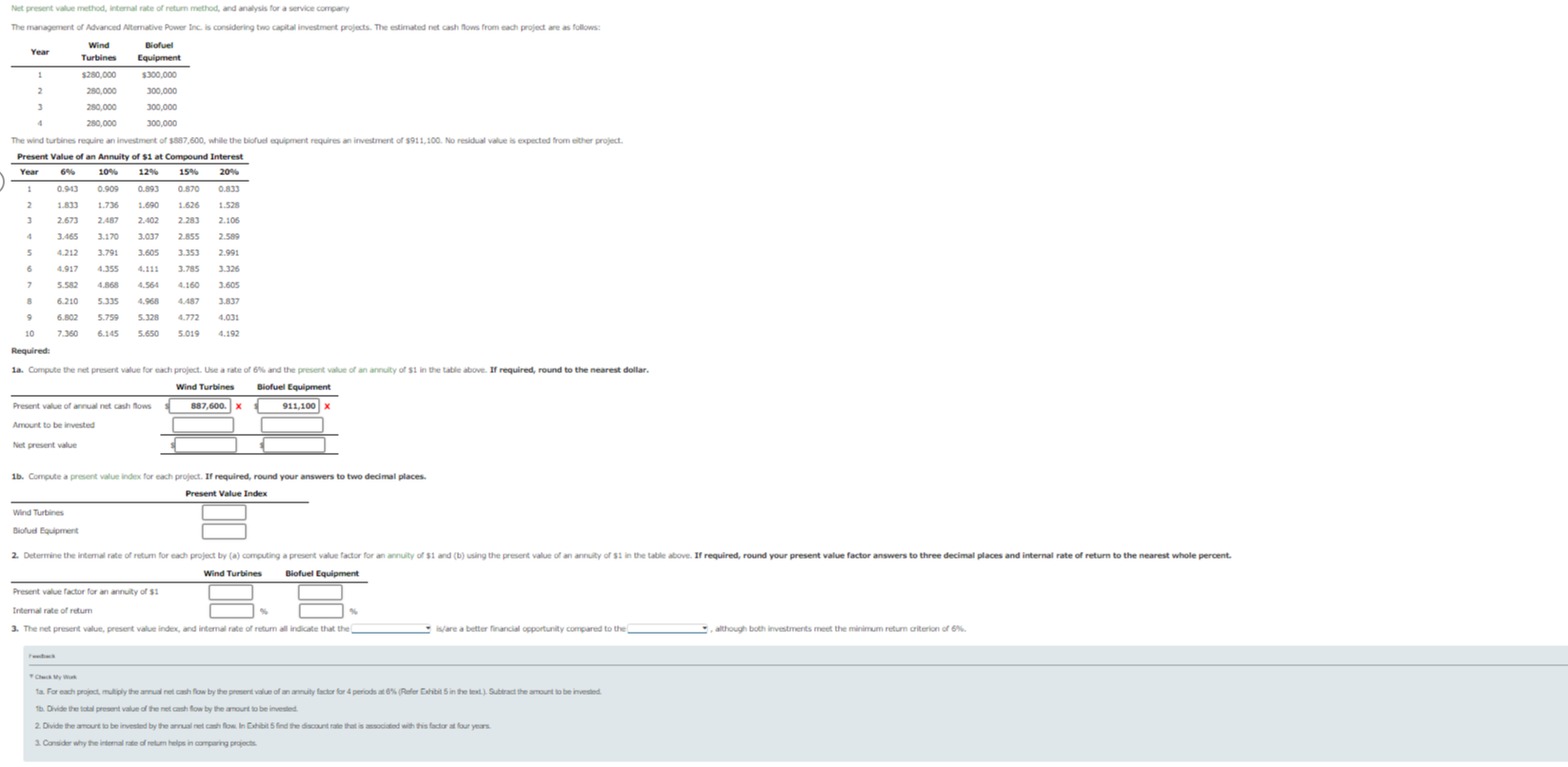 Net present value method, internal rate of return method, and analyis