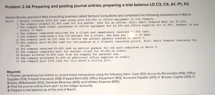  Problem 2-3A Preparing and posting journal entries; preparing a trial balance