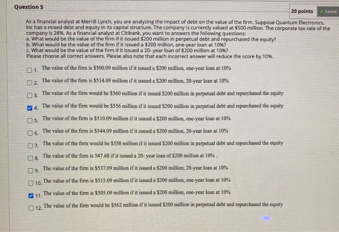  Question 5 20 points Saved As a financial analyst at Merrill
