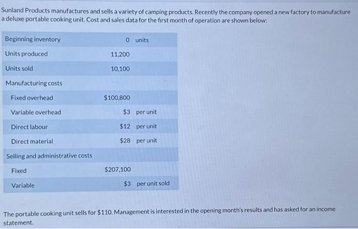  1 calculate manufacturing cost per unit 2) prepare a variable-costing income