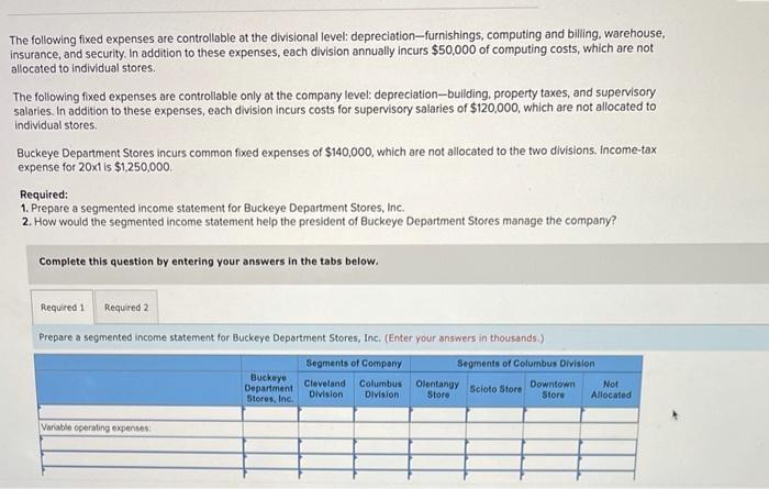 The company's organization chart appears below. Operating data for 20x1 follow Buckeye