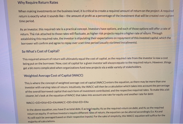 of capital (WACC)by analyzing the required rate of various investors and submit