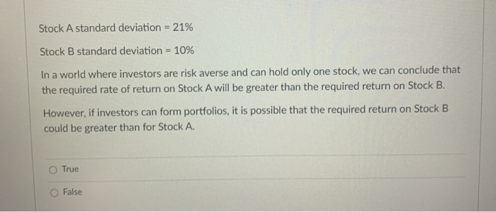  Stock A standard deviation = 21% Stock B standard deviation =