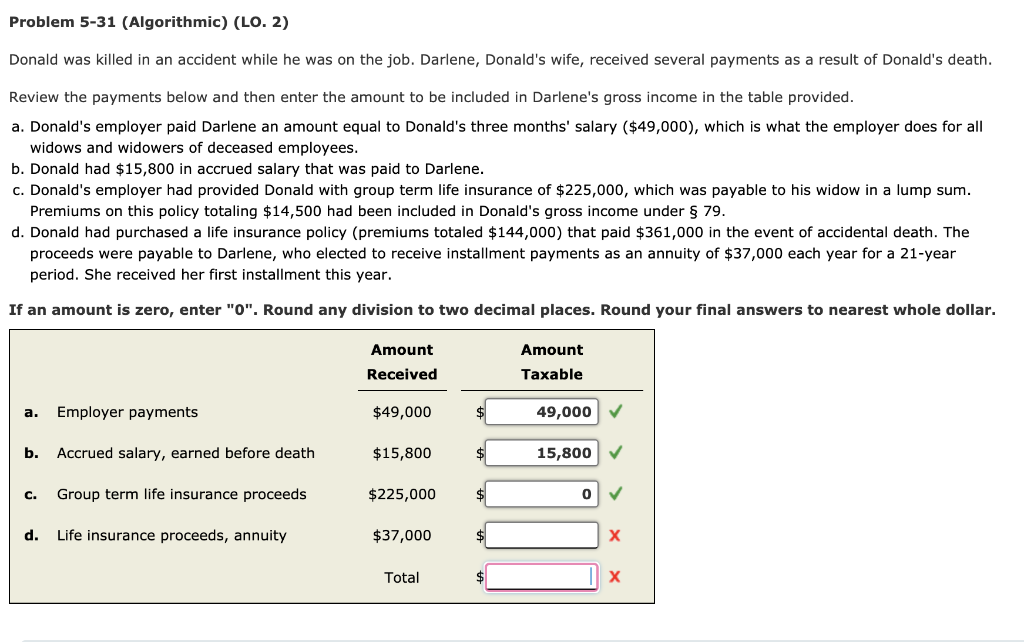  Problem 5-31 (Algorithmic) (LO. 2) Donald was killed in an accident