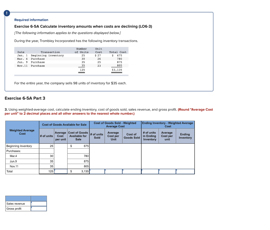 Required information Exercise 6-5A Calculate inventory amounts when costs are declining (LO6-3)