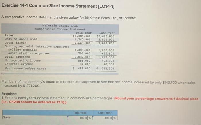  Exercise 14-1 Common-Size Income Statement [LO14-1] A comparative income statement is
