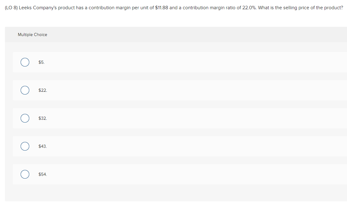  (LO 8) Leeks Company's product has a contribution margin per unit