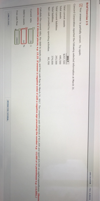  CALCULATOR FULL SCREEN Brief Exercise 2-5 Your answer is partially correct.