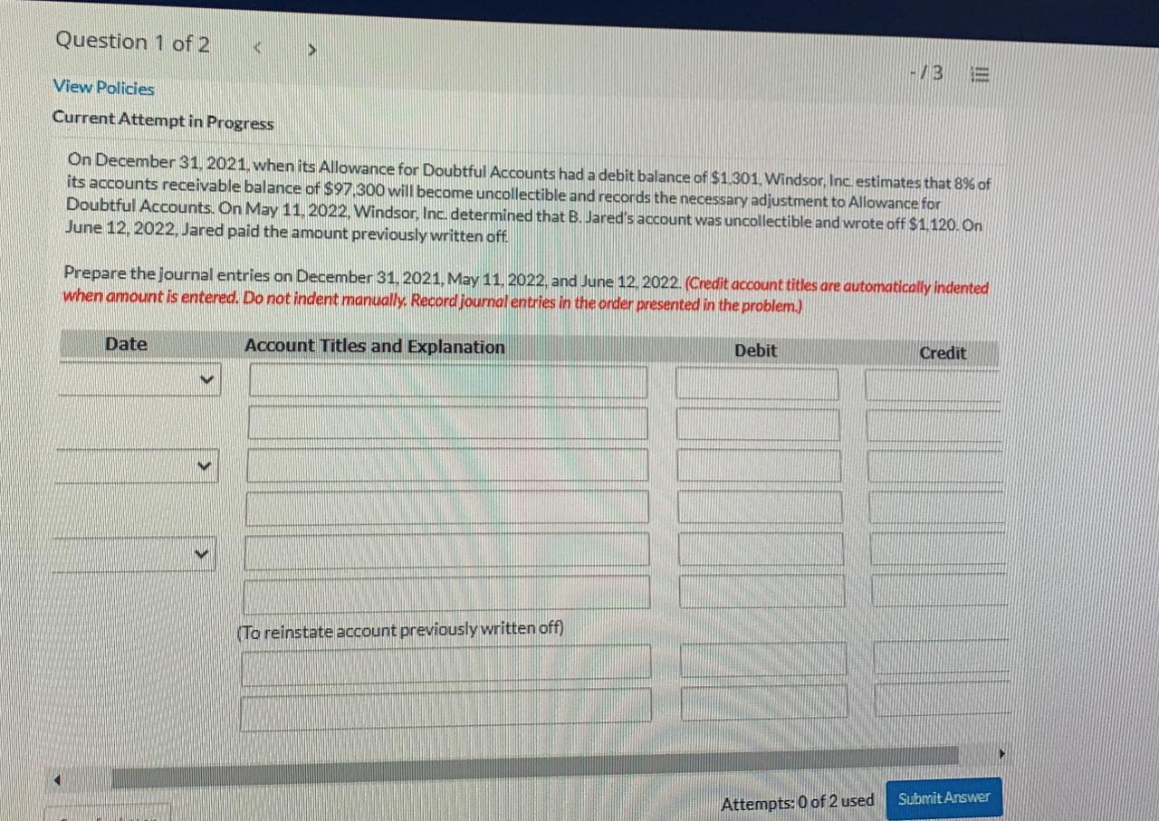 for Kingbird Corp. Accounts receivable (beginning balance) Allowance for doubtful accounts (beginning