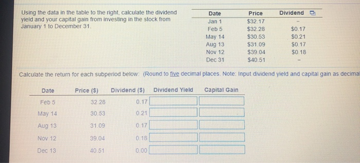 Dividend Using the data in the table to the right, calculate