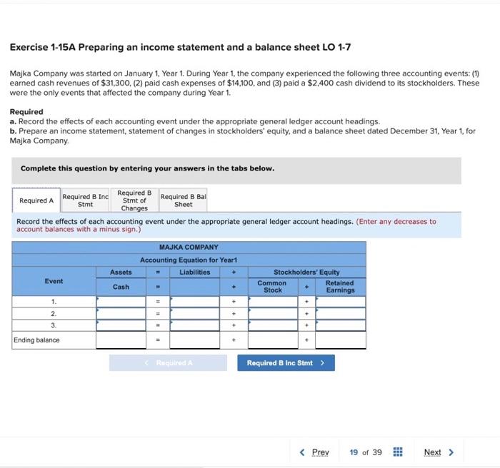  Exercise 1-15A Preparing an income statement and a balance sheet LO