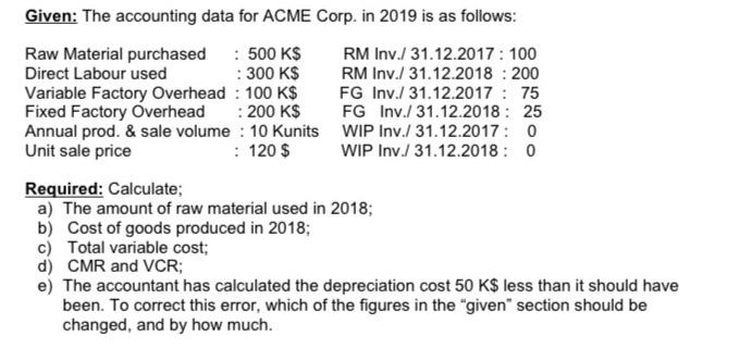  Given: The accounting data for ACME Corp. in 2019 is as