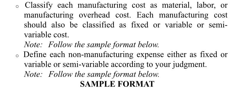  Classify each manufacturing cost as material, labor, or manufacturing overhead cost.