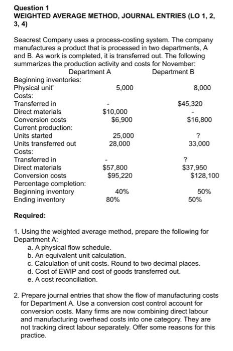  Question 1 WEIGHTED AVERAGE METHOD, JOURNAL ENTRIES (LO 1, 2, 3,4)