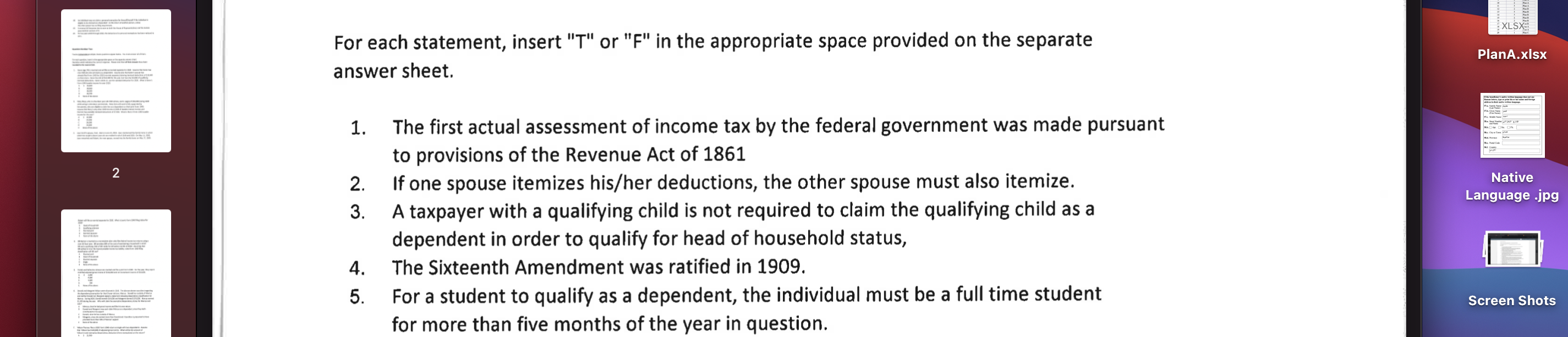 XLSX For each statement, insert "T" or "F" in the appropriate