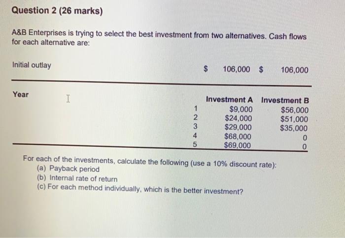  paper written Question 2 (26 marks) A&B Enterprises is trying to