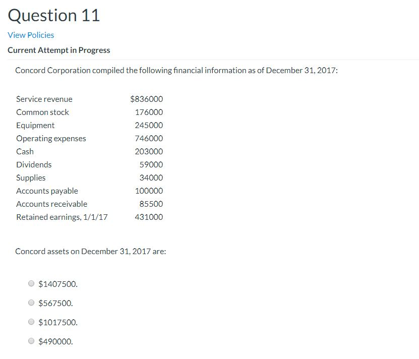  Question 11 View Policies Current Attempt in Progress Concord Corporation compiled
