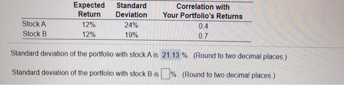  Stock A Stock B Expected Return 12% 12% Standard Deviation 24%
