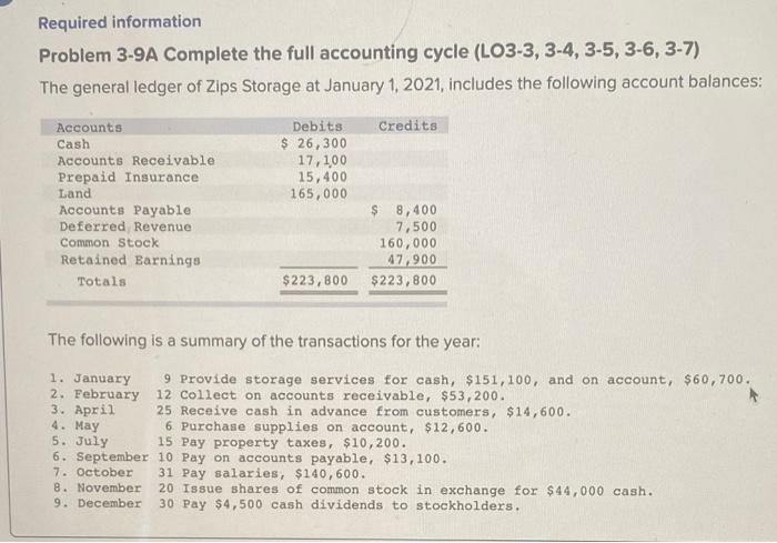  Required information Problem 3-9A Complete the full accounting cycle (LO3-3, 3-4,