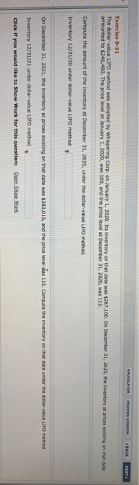  CALCULATOR PRINTER VERSION BACK NET Exercise 8-21 The dollar value LIFO