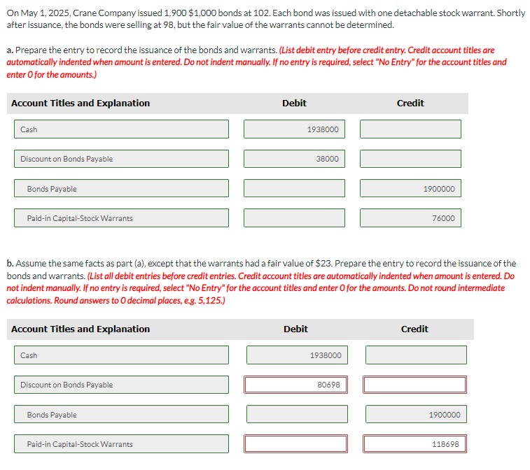  On May 1,2025, Crane Company issued 1,900$1,000 bonds at 102. Each