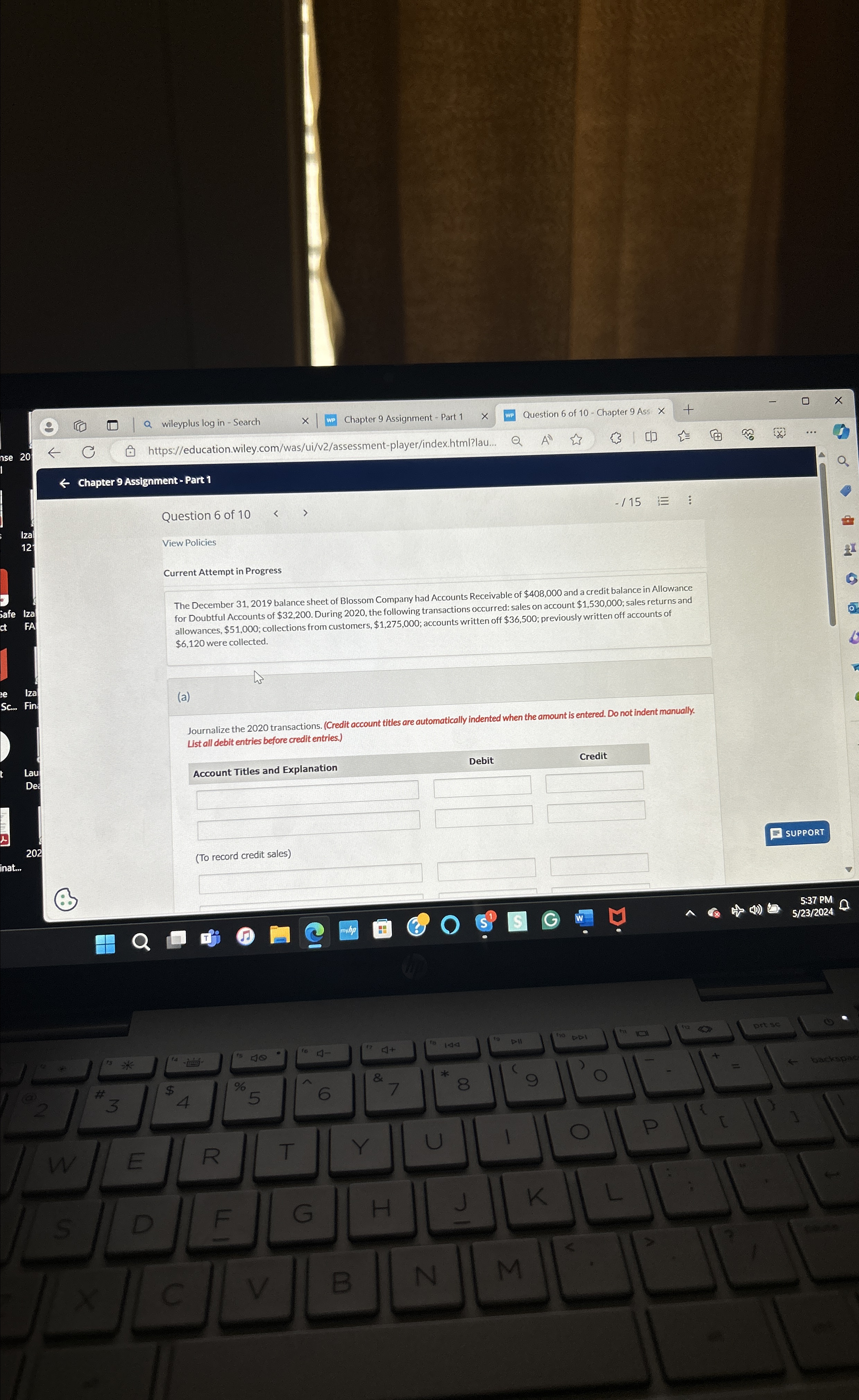  Chapter 9 Assignment - Part 1 Question 6 of 10 -15,vdots