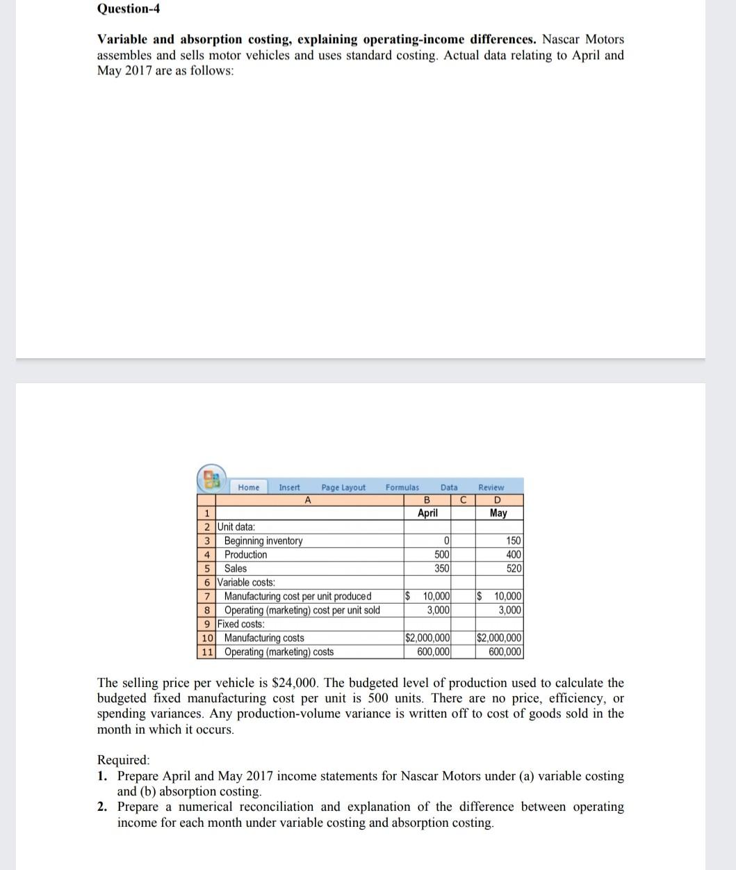  Question-4 Variable and absorption costing, explaining operating-income differences. Nascar Motors assembles
