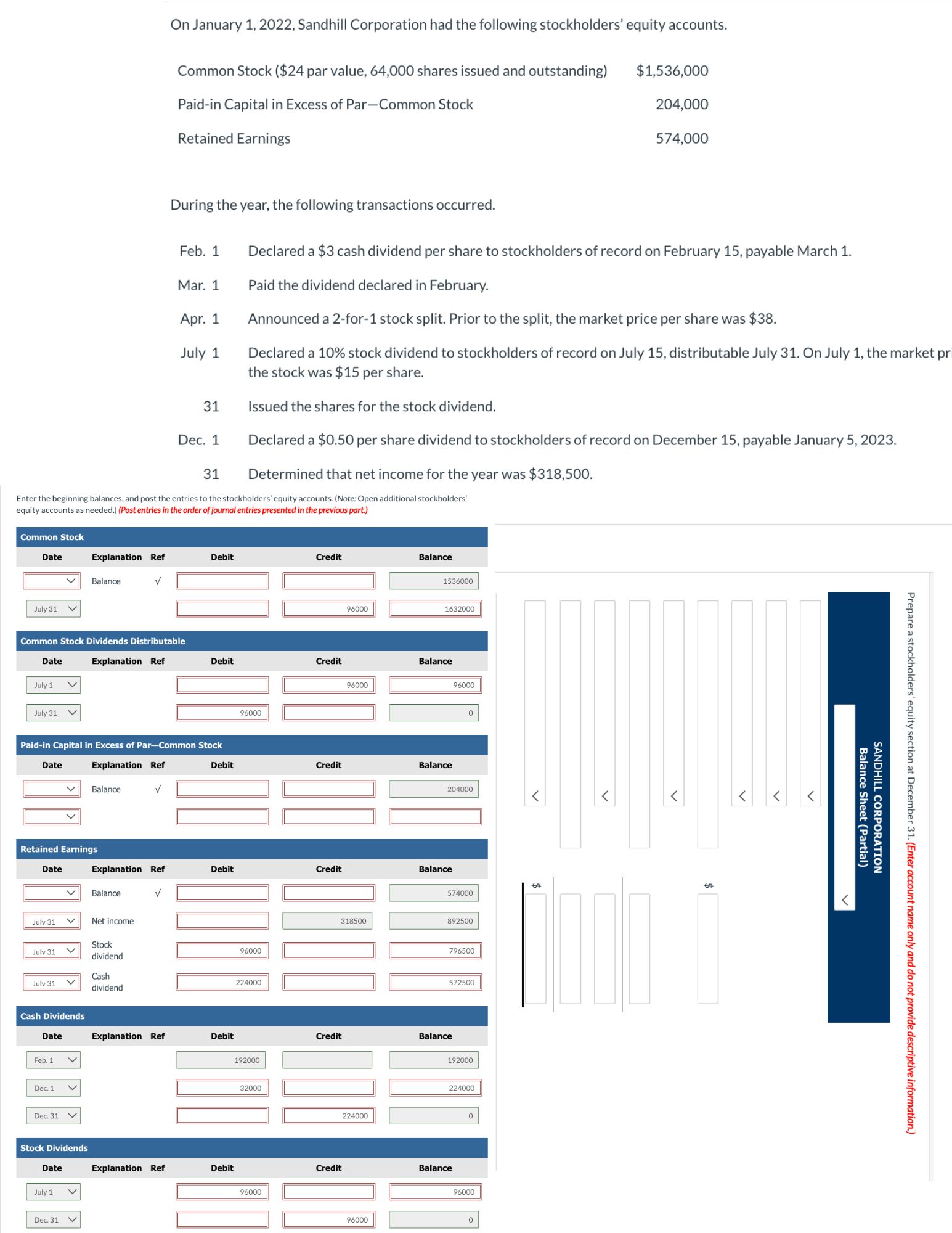  On January 1,2022, Sandhill Corporation had the following stockholders' equity accounts.